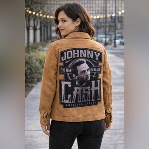 Upcycled JOHNNY CASH Caramel Brown Faux Suede Jacket Size 4P The Man In Black